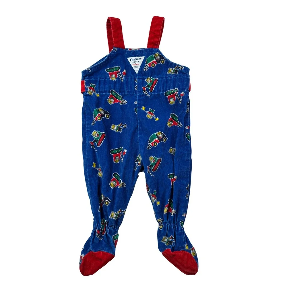 Vintage‎ OshKosh Bgosh Blue Corduroy Construction Truck Footed Overalls 6/9M USA